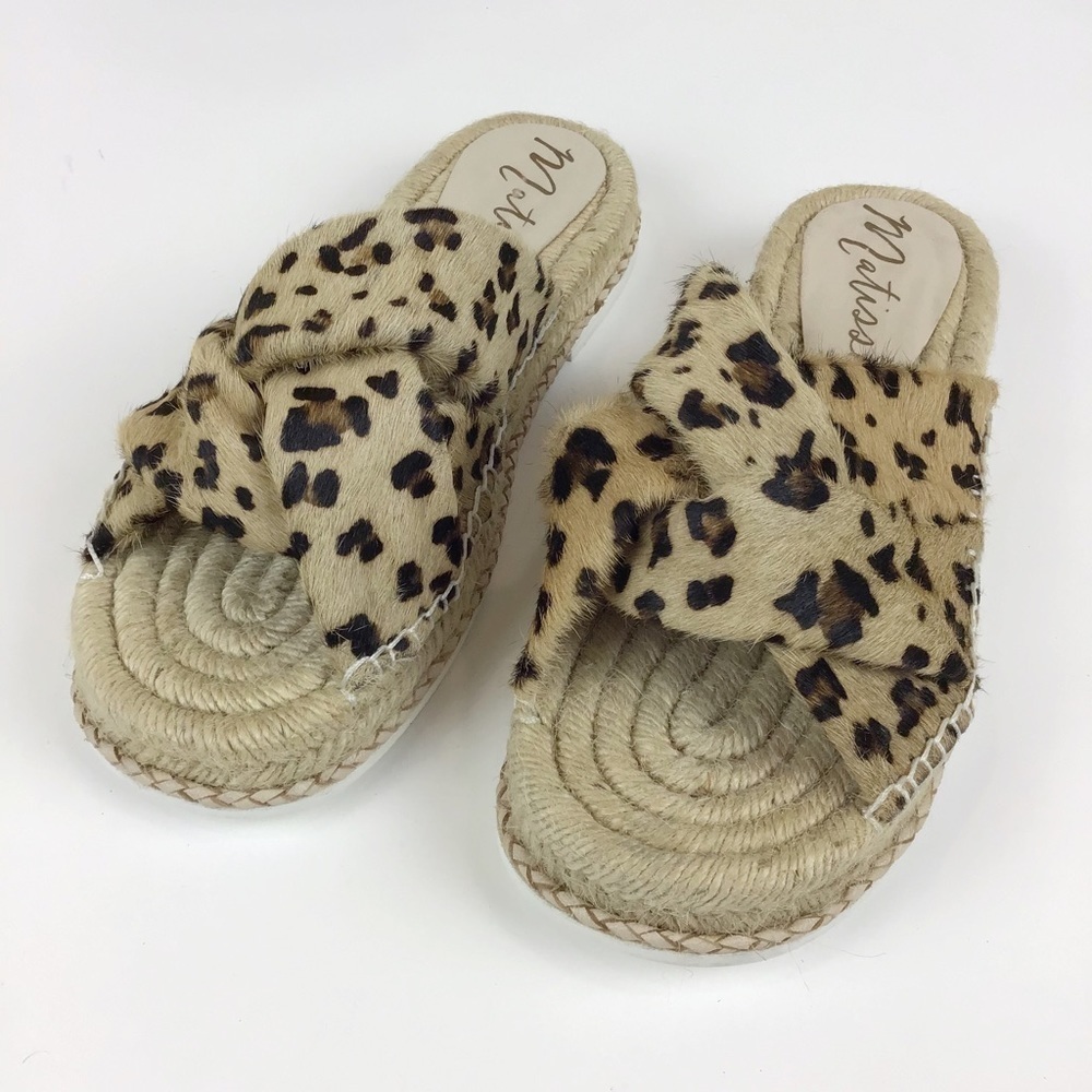 Anthropologie Matisse Cruise Espadrille Leopard Print Calf Hair Slide Sandal | 7